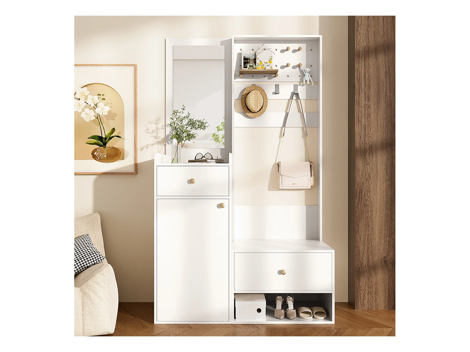 Porte-manteau blanc avec miroir et crochets réglables, 2 tiroirs de rangement - pour l'entrée