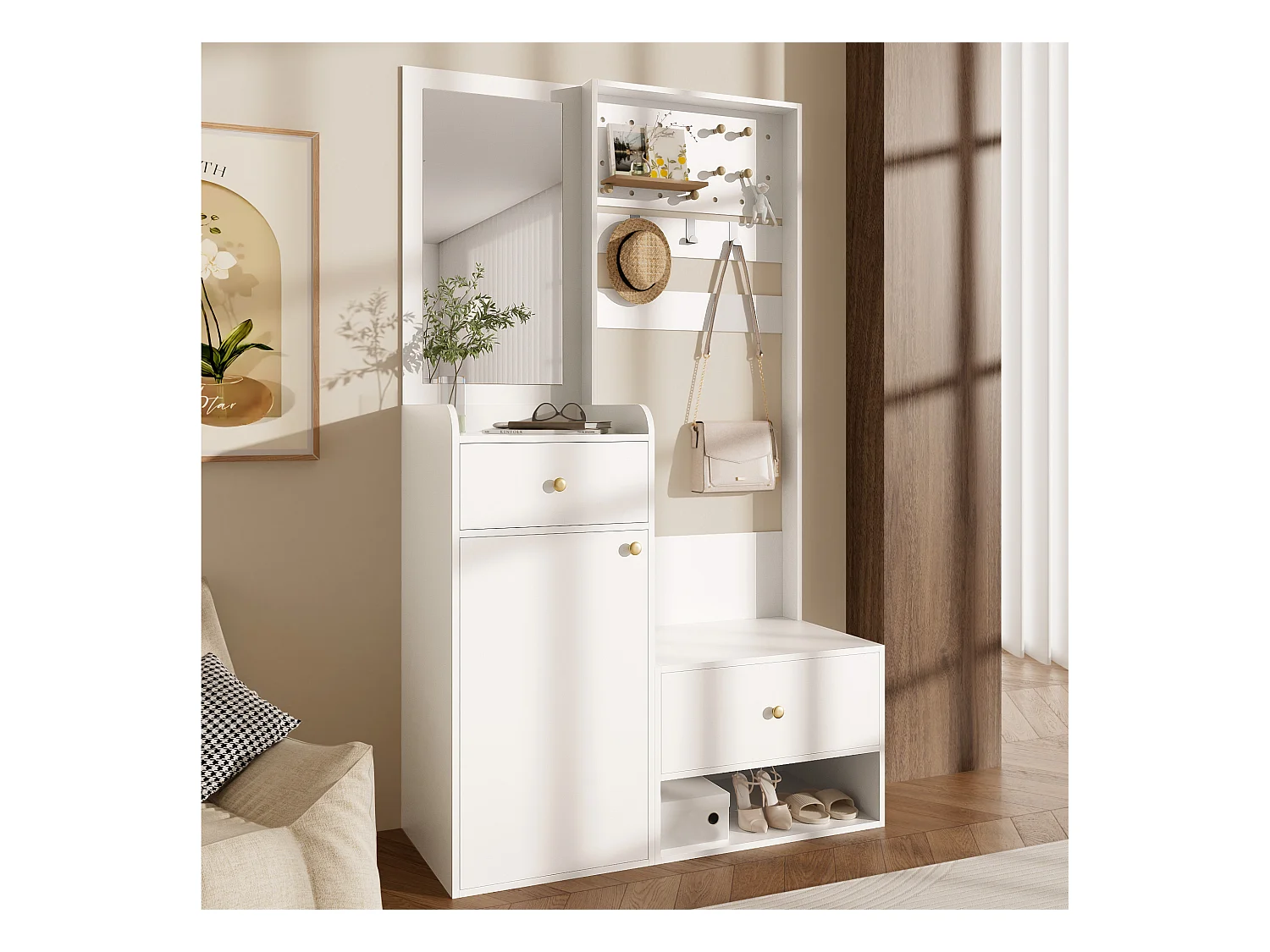 Porte-manteau blanc avec miroir et crochets réglables, 2 tiroirs de rangement - pour l'entrée