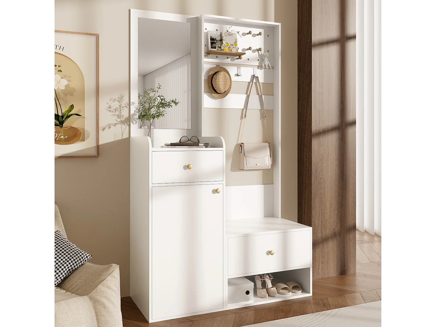 Porte-manteau blanc avec miroir et crochets réglables, 2 tiroirs de rangement - pour l'entrée