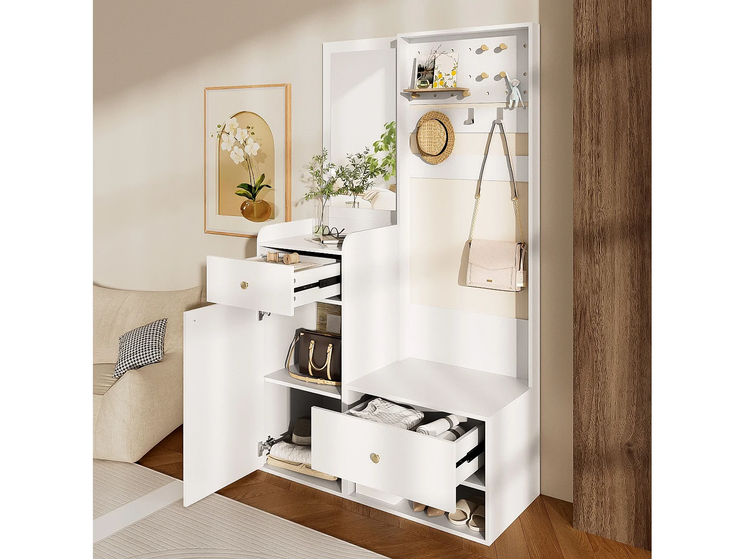 Porte-manteau blanc avec miroir et crochets réglables, 2 tiroirs de rangement - pour l'entrée