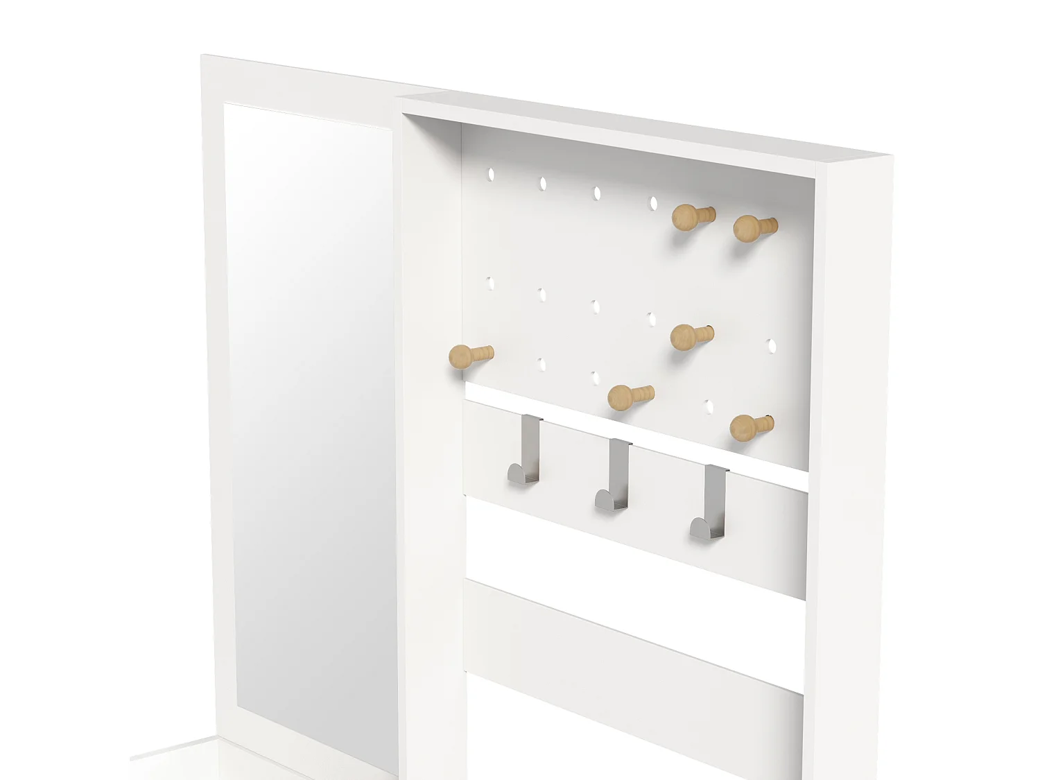 Porte-manteau blanc avec miroir et crochets réglables, 2 tiroirs de rangement - pour l'entrée