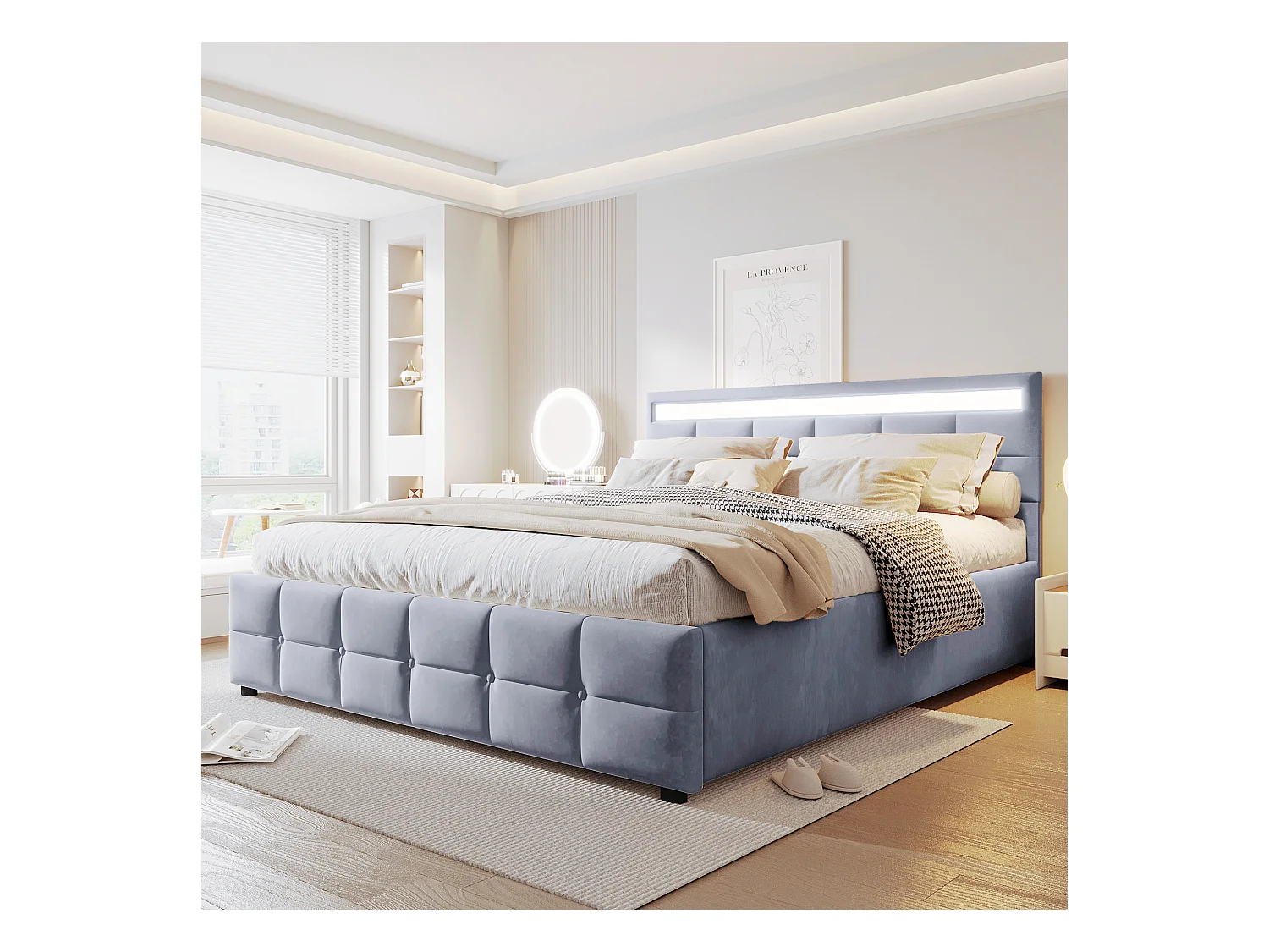 Lit coffre adulte 180x200 cm avec éclairage LED, sommier à lattes - velours gris - sans matelas