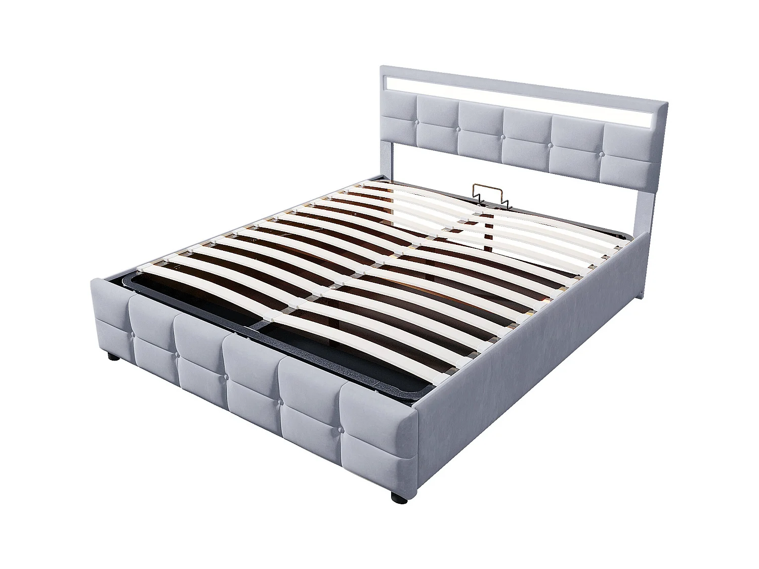 Lit coffre adulte 180x200 cm avec éclairage LED, sommier à lattes - velours gris - sans matelas