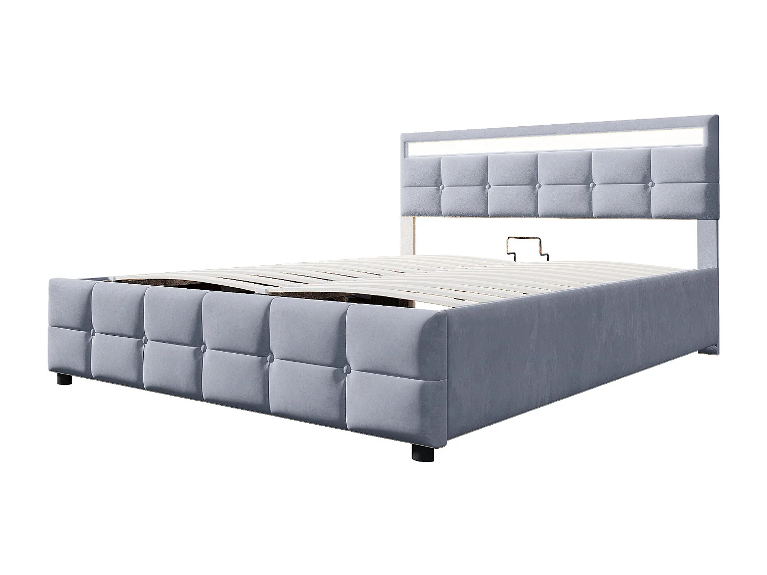 Lit coffre adulte 180x200 cm avec éclairage LED, sommier à lattes - velours gris - sans matelas