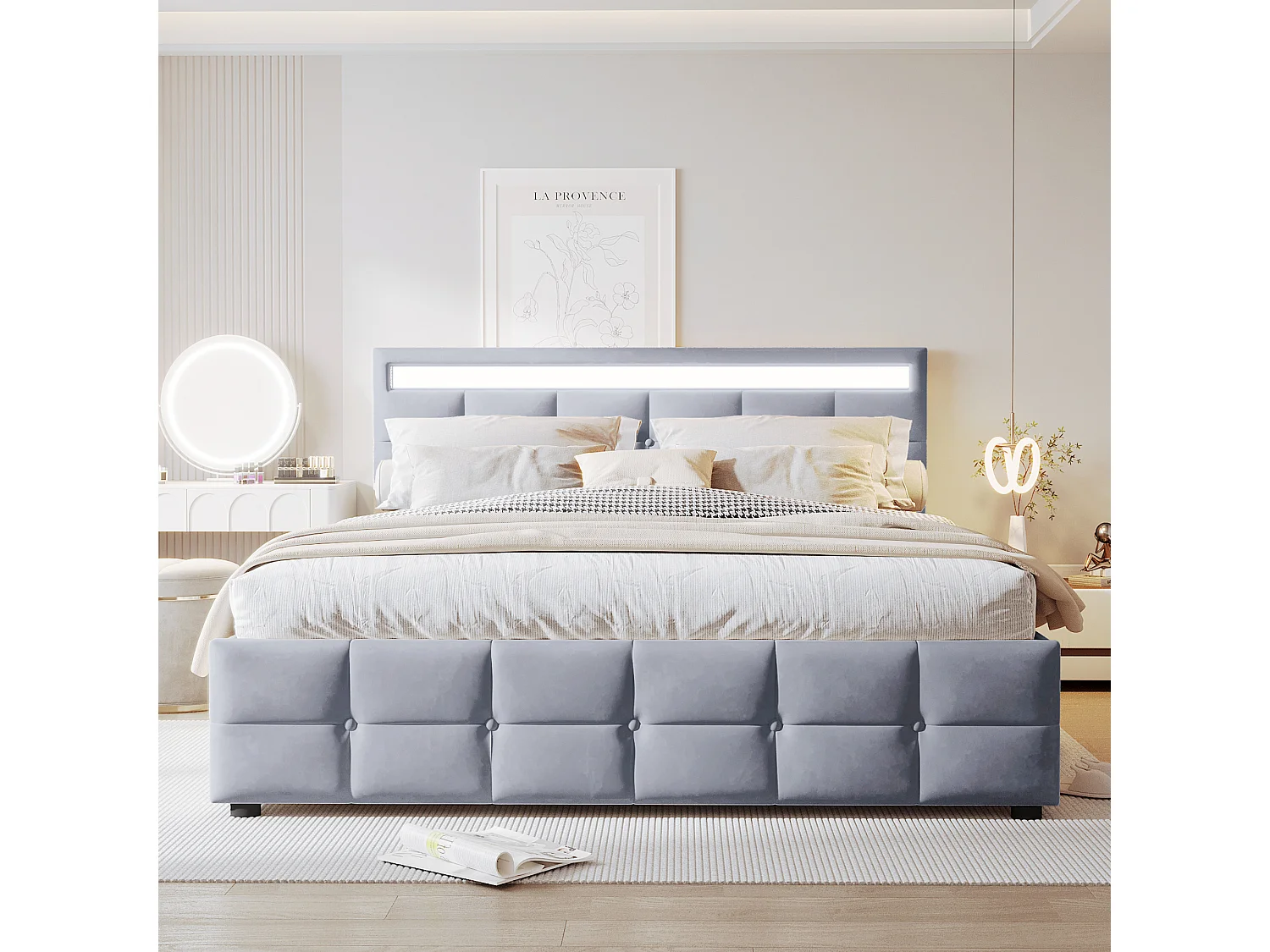 Lit coffre adulte 180x200 cm avec éclairage LED, sommier à lattes - velours gris - sans matelas