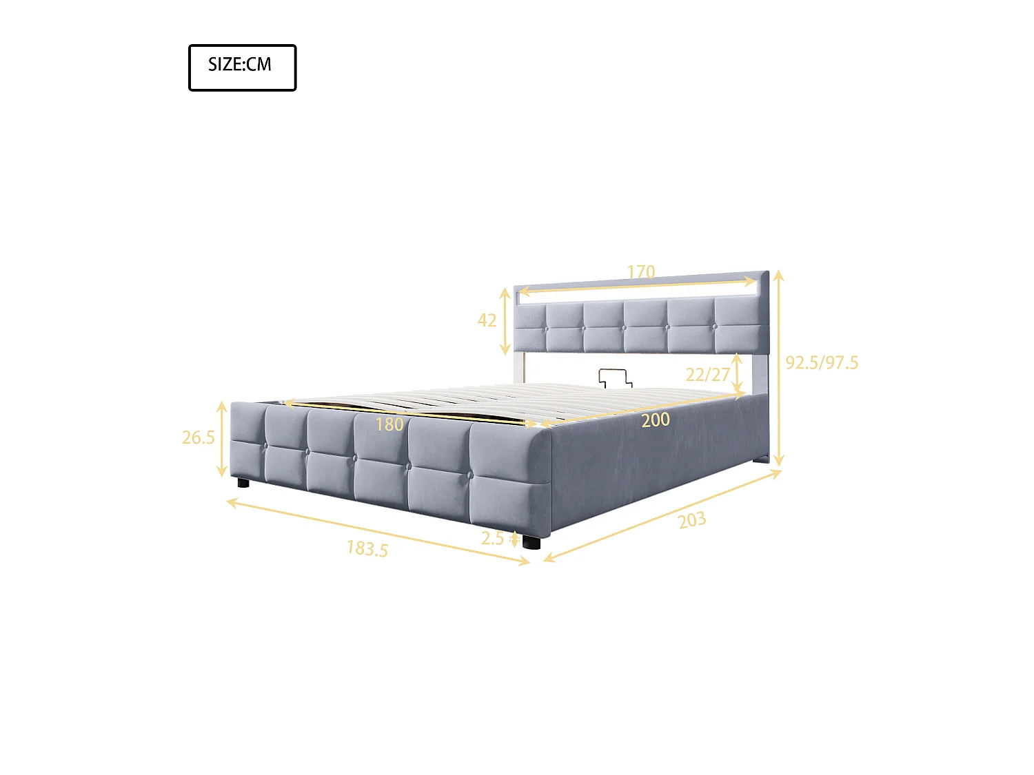 Lit coffre adulte 180x200 cm avec éclairage LED, sommier à lattes - velours gris - sans matelas