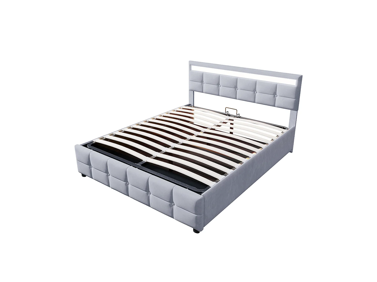 Lit coffre adulte 180x200 cm avec éclairage LED, sommier à lattes - velours gris - sans matelas