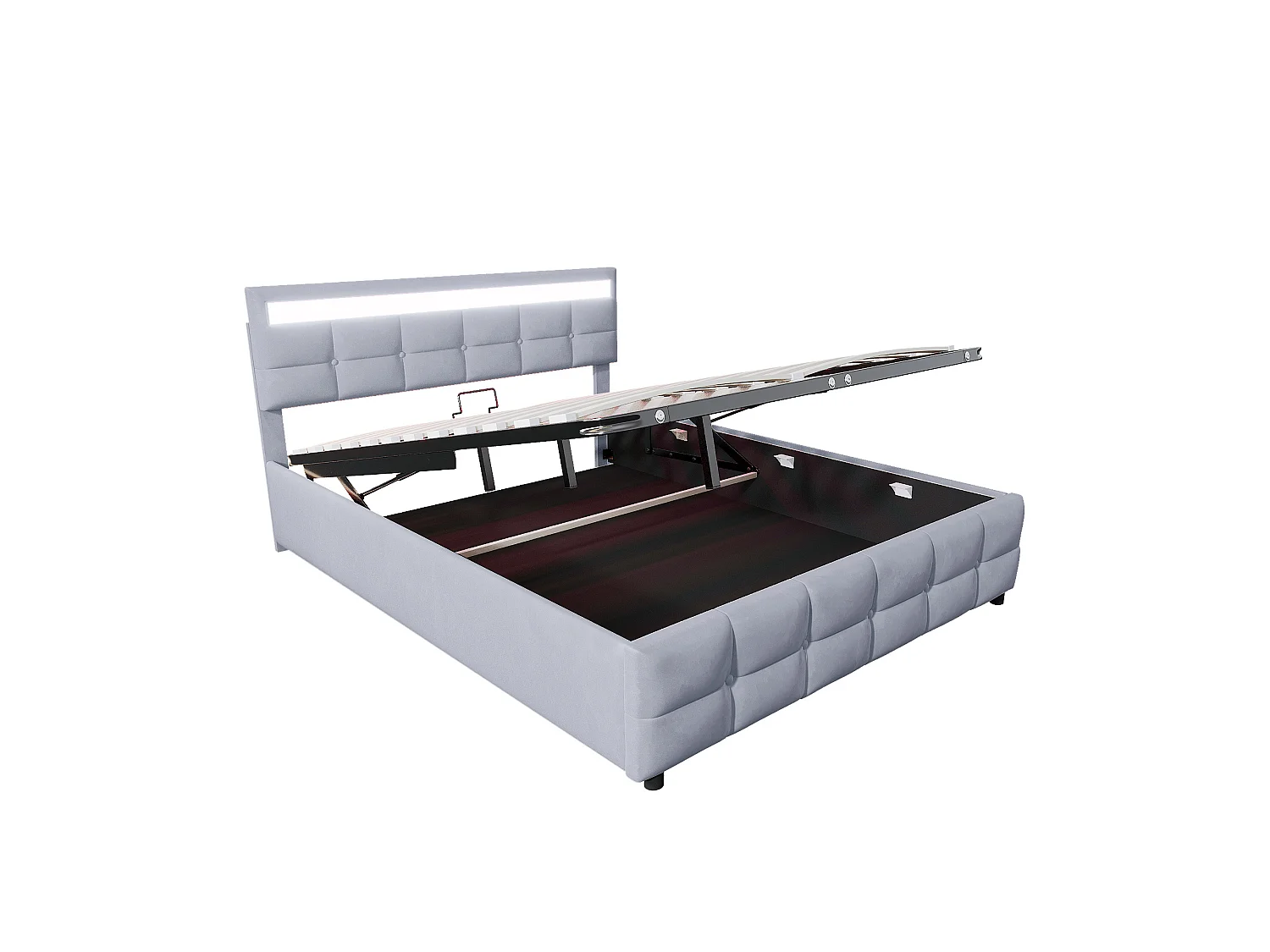 Lit coffre adulte 180x200 cm avec éclairage LED, sommier à lattes - velours gris - sans matelas