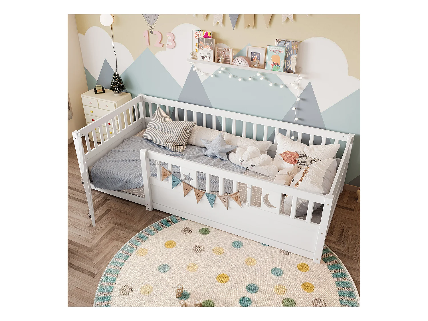 Lit enfant 90x190 cm avec barrières de sécurité et sommier à lattes en bois, blanc - sans matelas