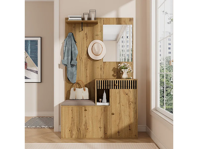 Wieszak na ubrania do przedpokoju z ławką na buty i lustrem, miejsce do przechowywania - Naturalny