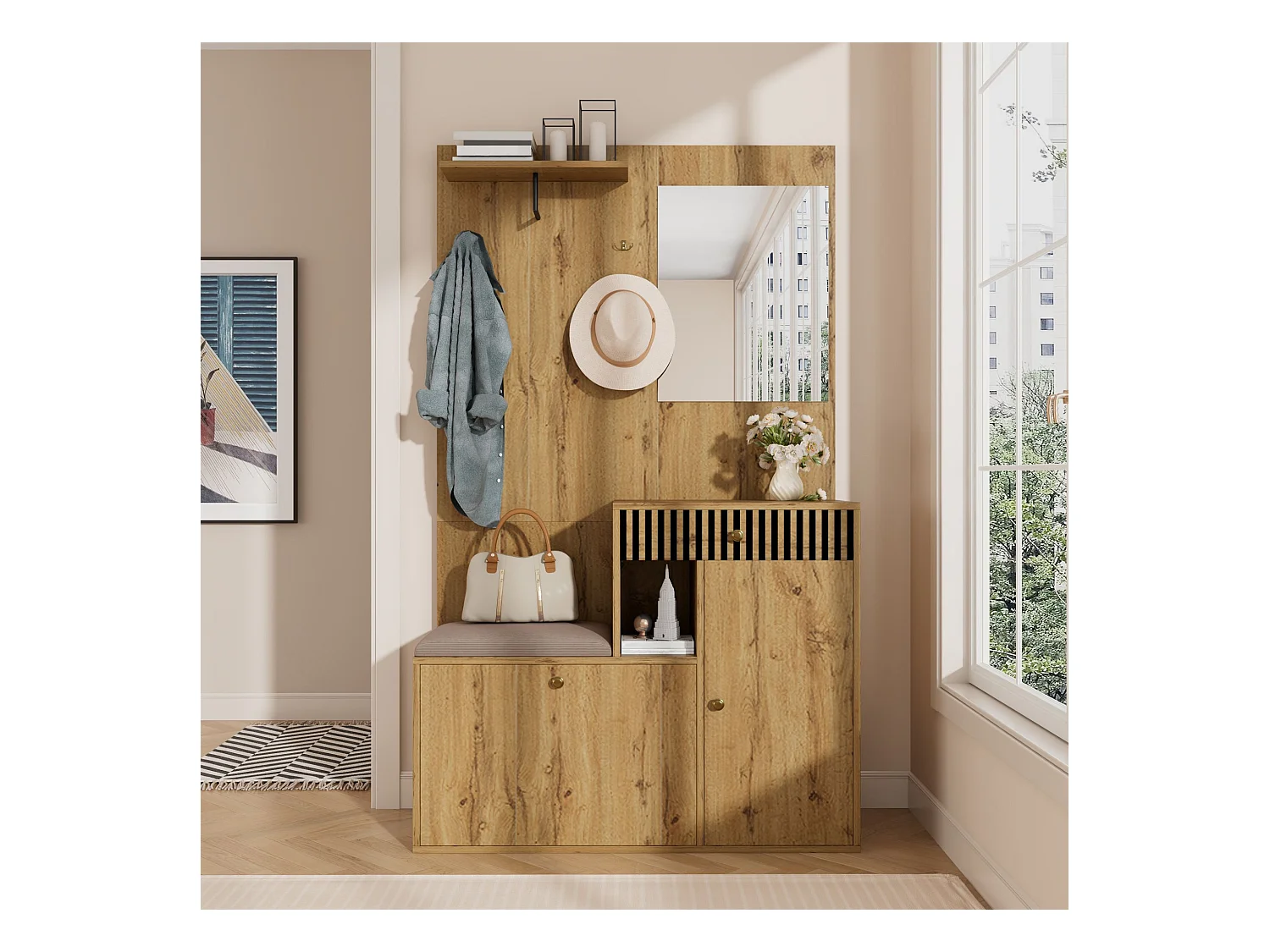 Porte-manteau d'entrée avec banc à chaussures et miroir, espace de rangement - Naturel