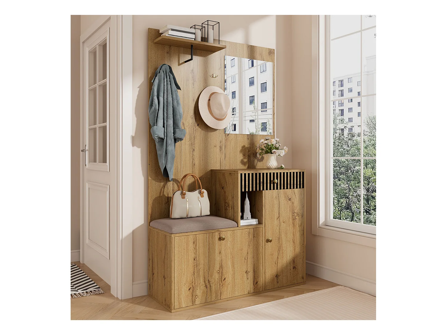 Porte-manteau d'entrée avec banc à chaussures et miroir, espace de rangement - Naturel