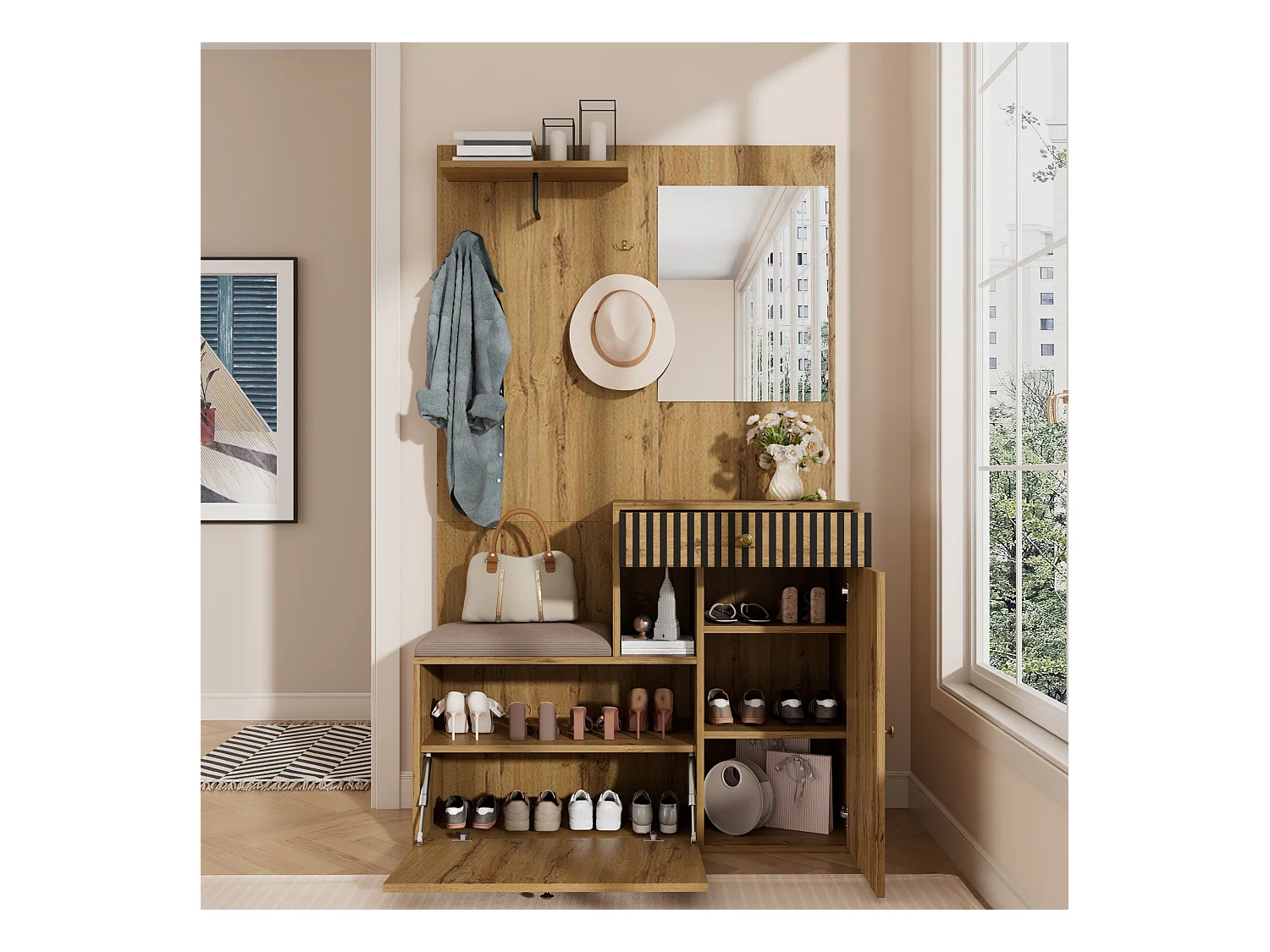 Porte-manteau d'entrée avec banc à chaussures et miroir, espace de rangement - Naturel