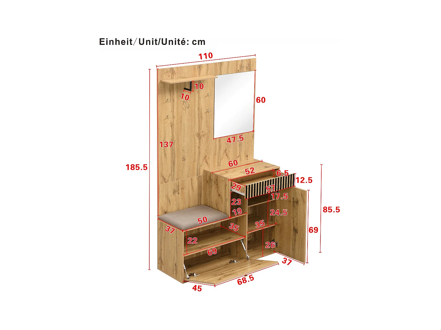 Porte-manteau d'entrée avec banc à chaussures et miroir, espace de rangement - Naturel