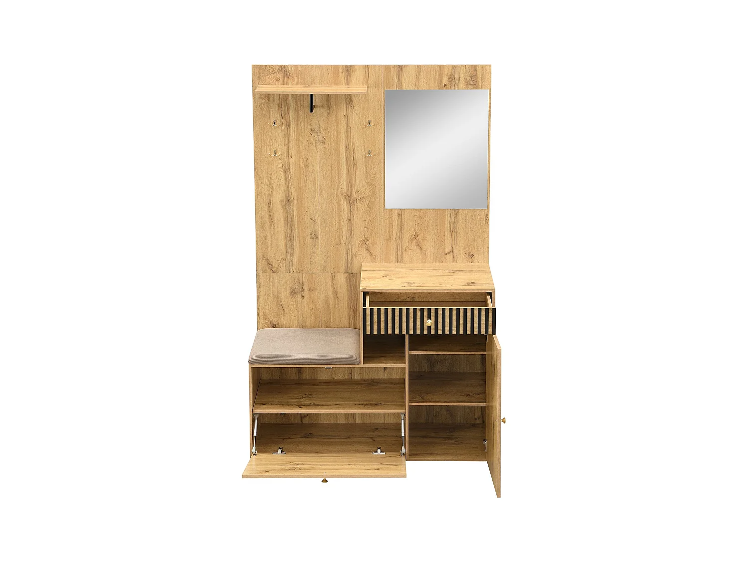 Porte-manteau d'entrée avec banc à chaussures et miroir, espace de rangement - Naturel