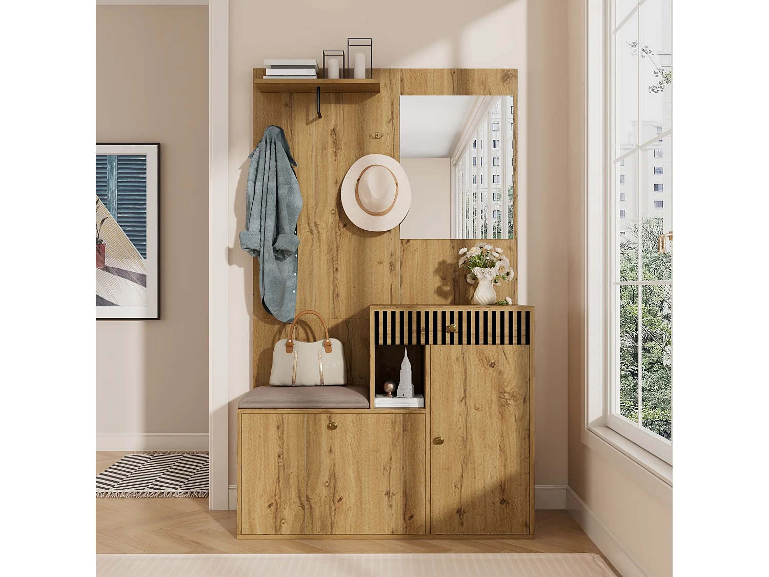 Appendiabiti da ingresso con scarpiera e specchio, spazio contenitore - Naturale