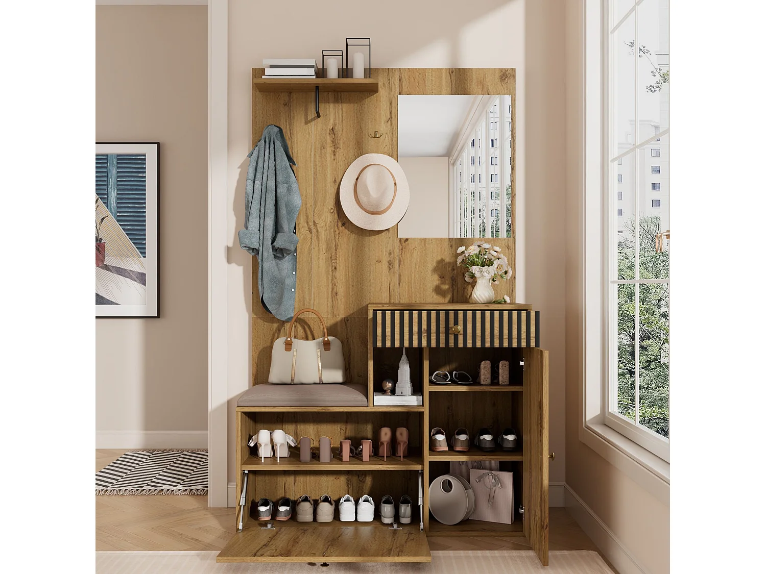 Appendiabiti da ingresso con scarpiera e specchio, spazio contenitore - Naturale