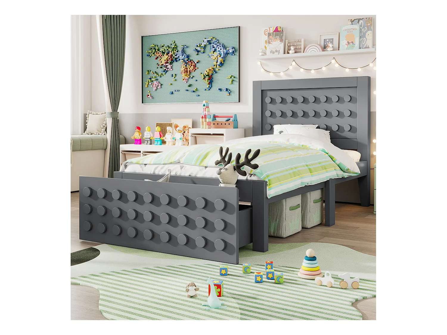 Lit simple 90x200 cm avec 1 tiroir et sommier à lattes, design bloc créatif gris - sans matelas