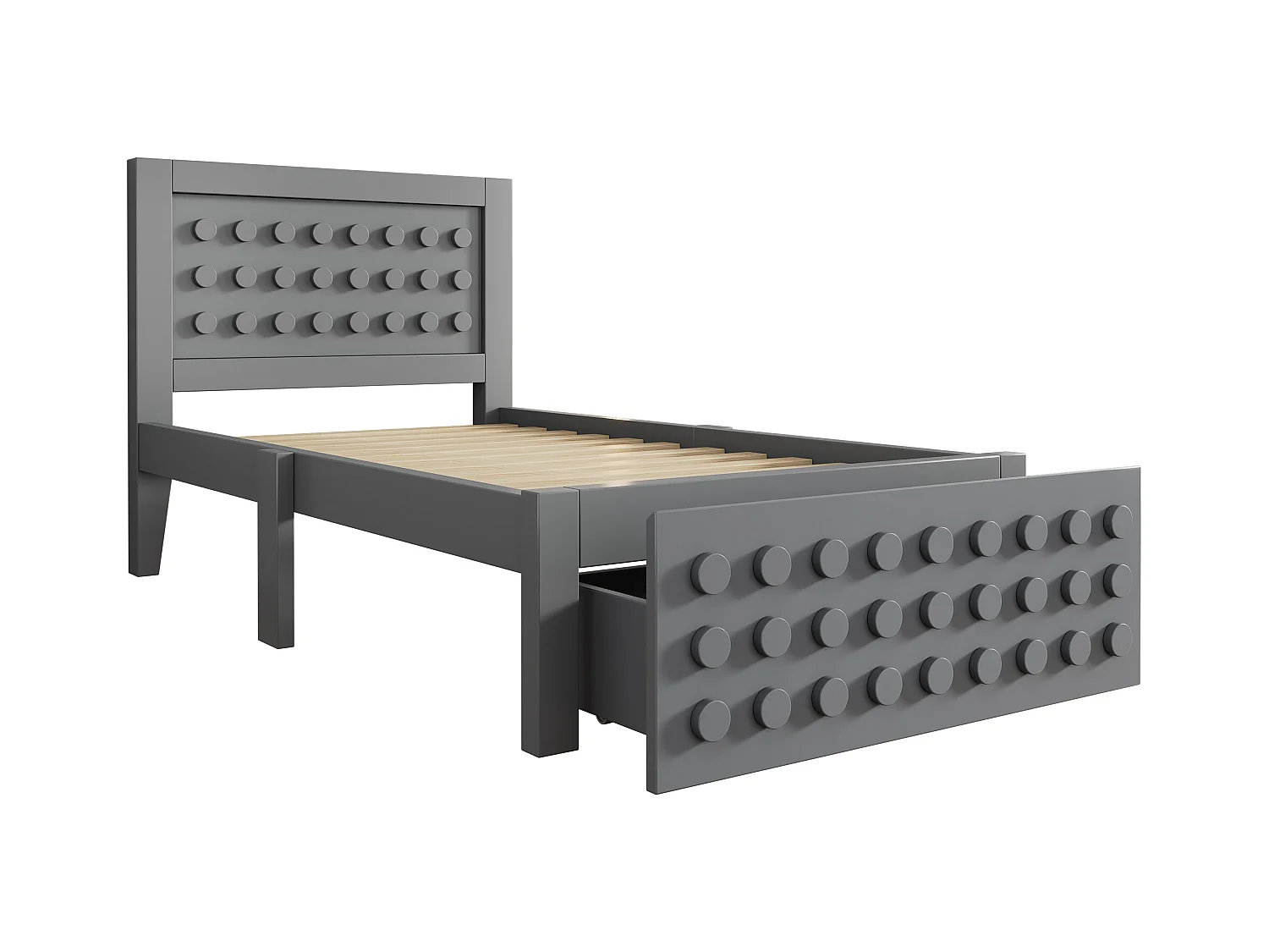 Lit simple 90x200 cm avec 1 tiroir et sommier à lattes, design bloc créatif gris - sans matelas