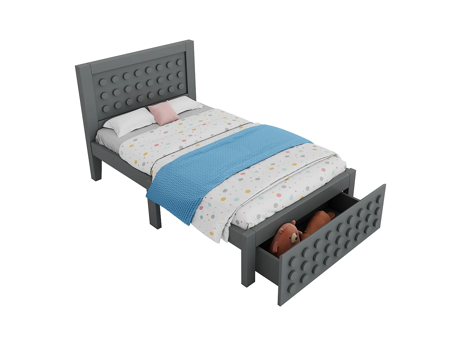 Lit simple 90x200 cm avec 1 tiroir et sommier à lattes, design bloc créatif gris - sans matelas