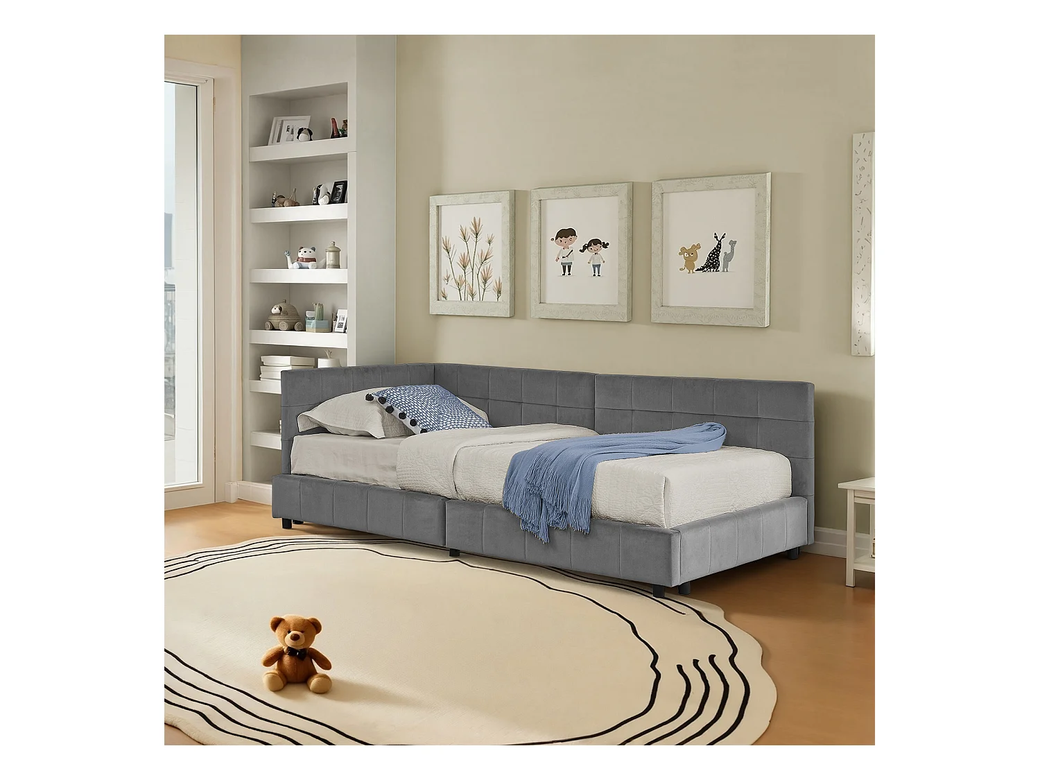 Lit banquette 90x200 cm lit simple avec dossier et sommier à lattes, velours gris - sans matelas