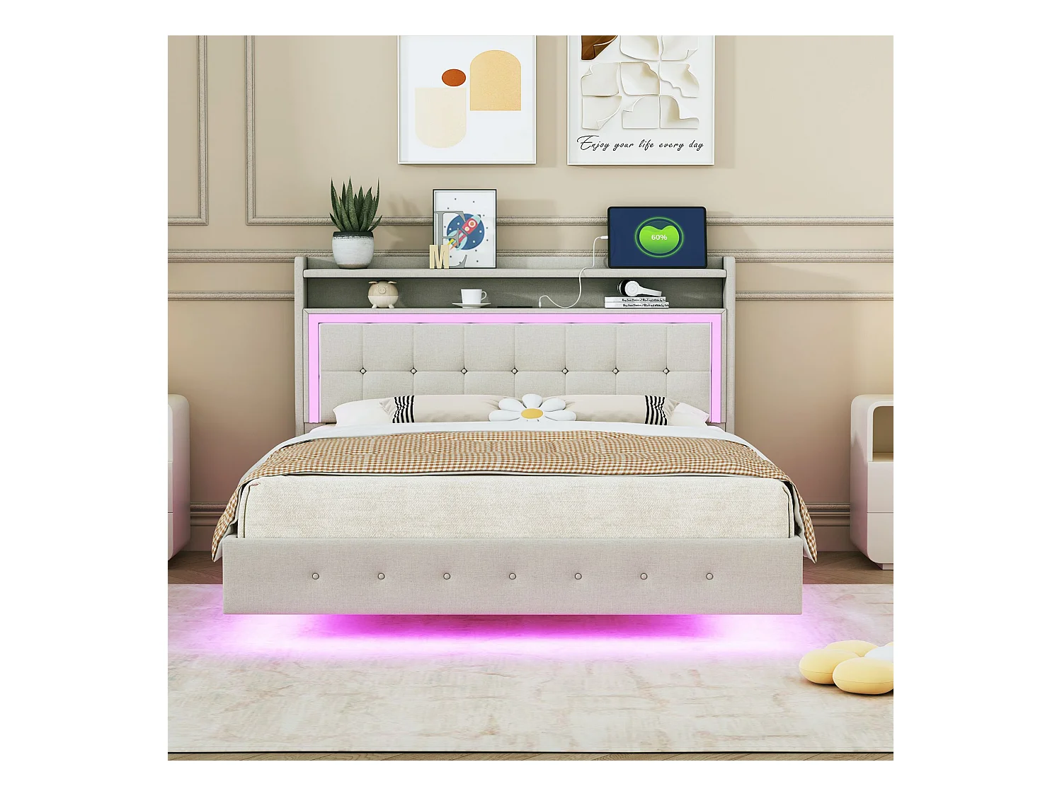 Lit adulte 140x200 cm avec LED et prise USB, tête de lit capitonnée - lin beige - sans matelas