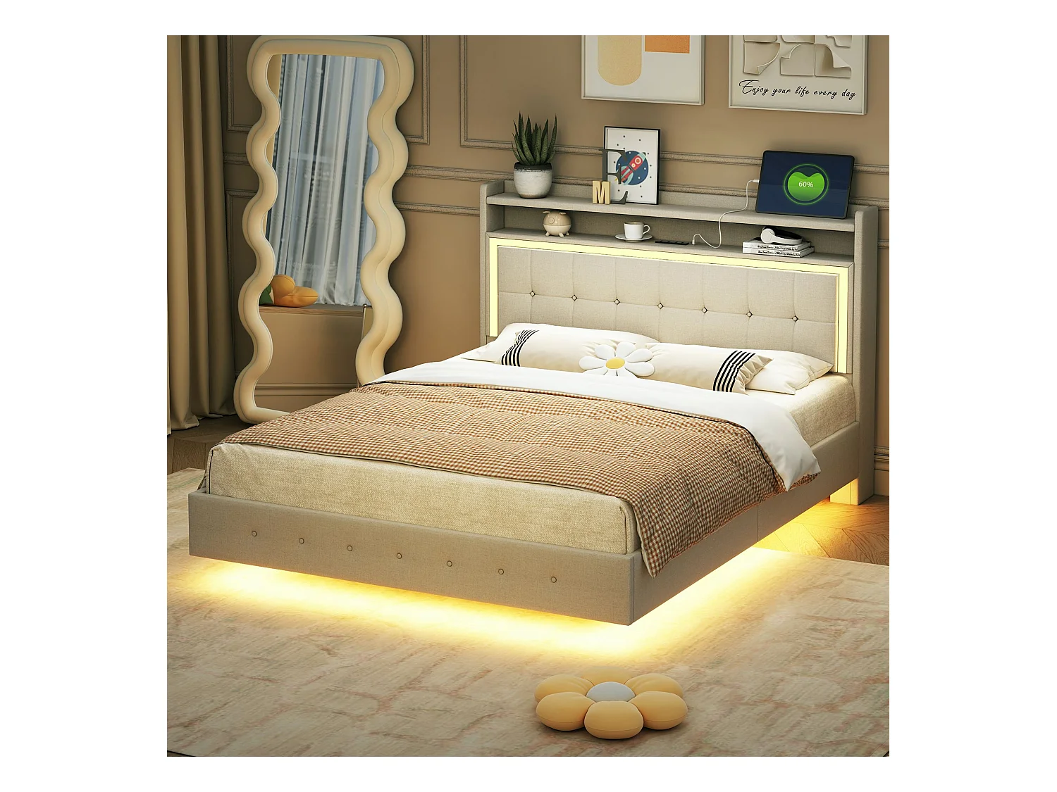 Lit adulte 140x200 cm avec LED et prise USB, tête de lit capitonnée - lin beige - sans matelas