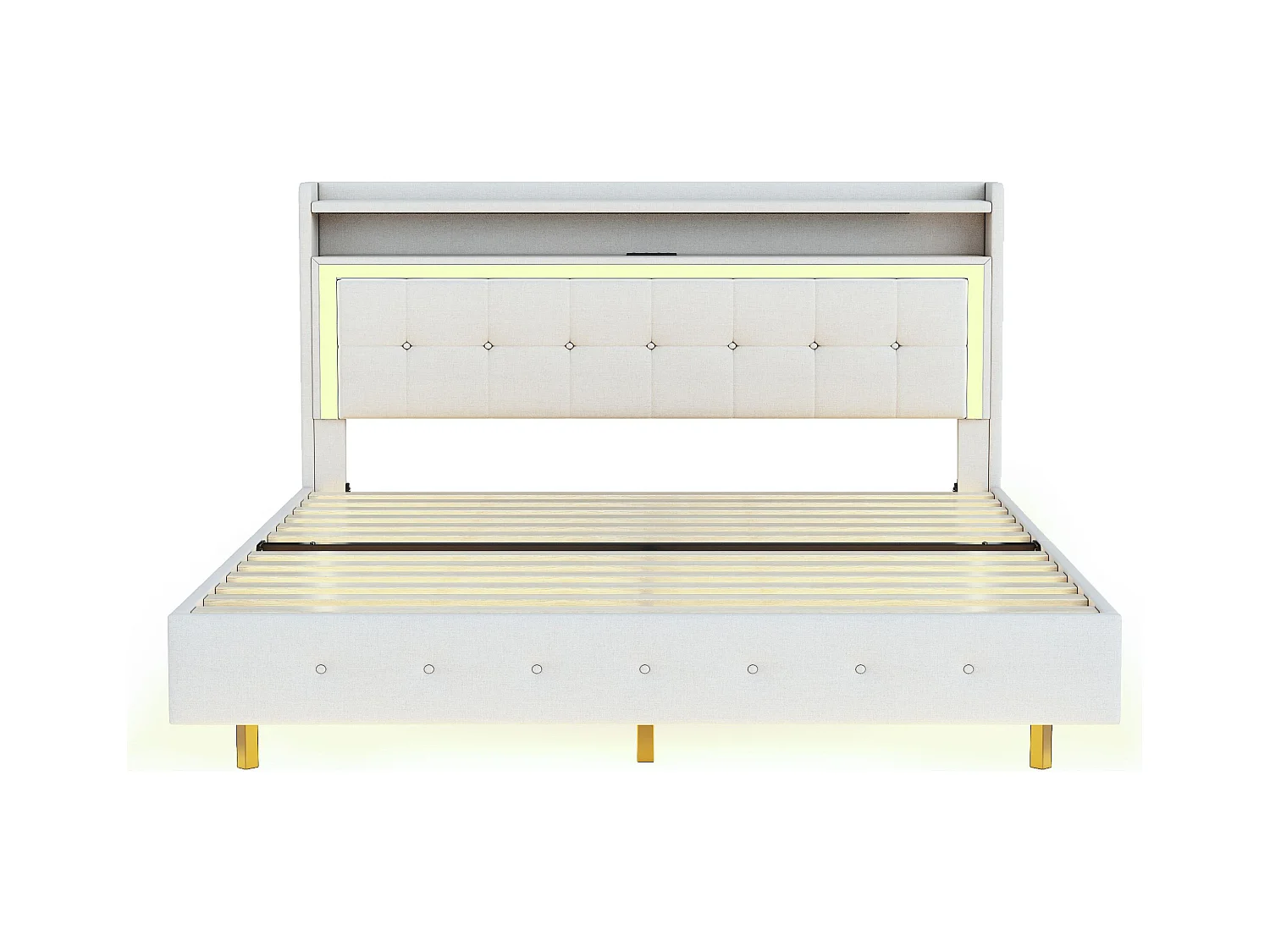 Lit adulte 140x200 cm avec LED et prise USB, tête de lit capitonnée - lin beige - sans matelas