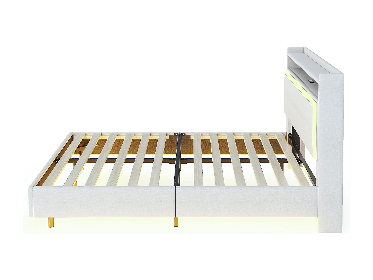 Lit adulte 140x200 cm avec LED et prise USB, tête de lit capitonnée - lin beige - sans matelas