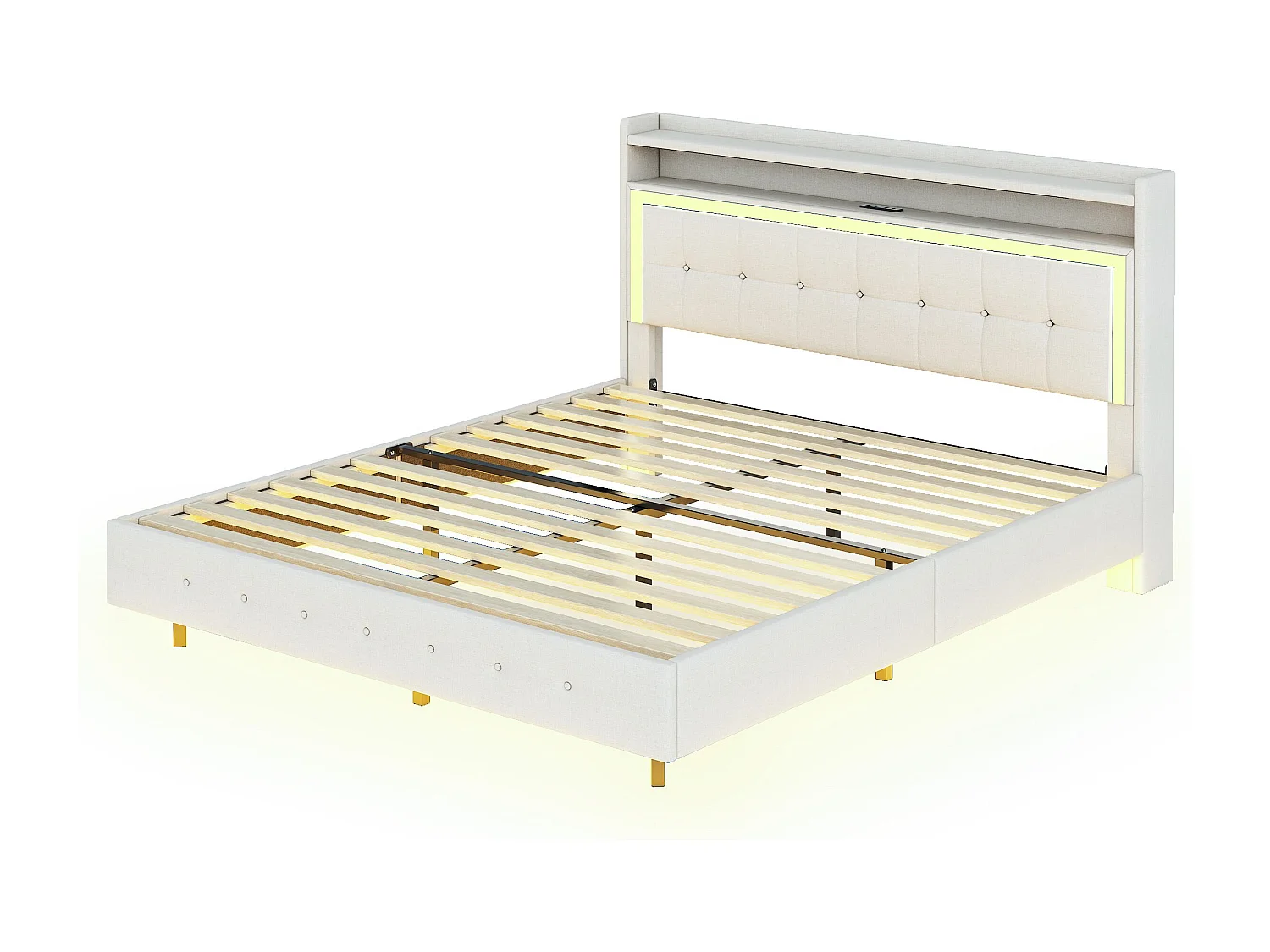 Łóżko dla dorosłych 140x200 cm z LED i portami USB, tapicerowany zagłówek – beżowy len – bez materaca