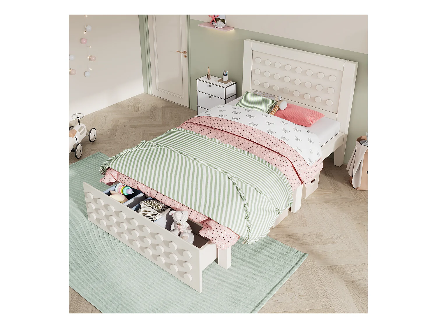 Lit simple 90x200 cm avec 1 tiroir et sommier à lattes, design bloc créatif blanc - sans matelas