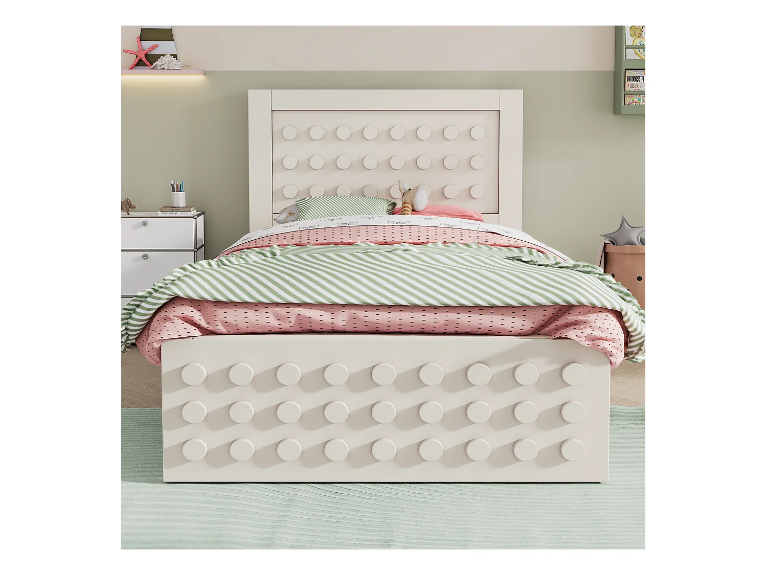 Lit simple 90x200 cm avec 1 tiroir et sommier à lattes, design bloc créatif blanc - sans matelas