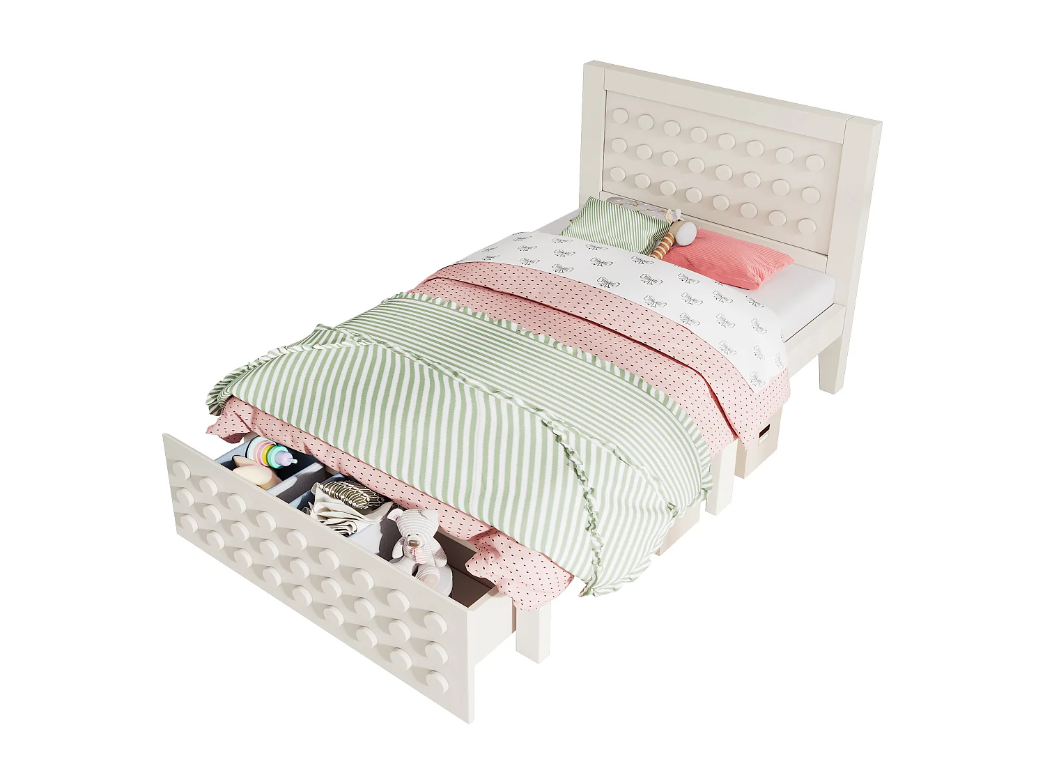 Lit simple 90x200 cm avec 1 tiroir et sommier à lattes, design bloc créatif blanc - sans matelas