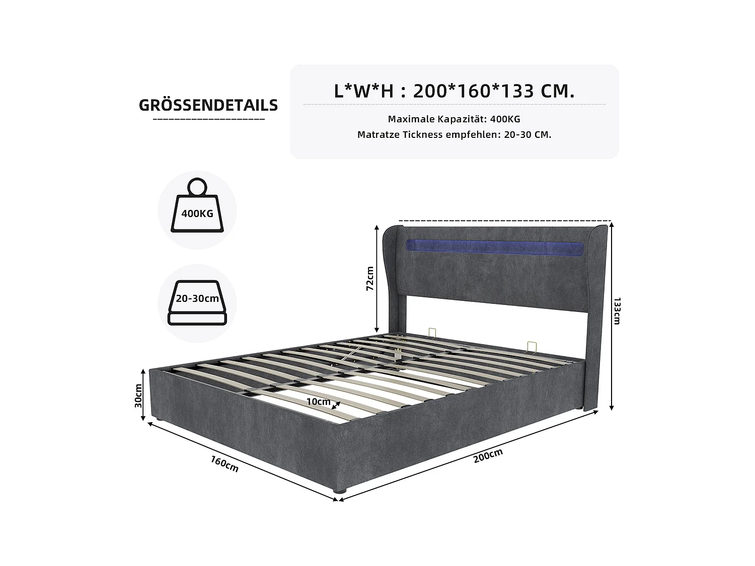 Lit coffre 160x200 cm avec éclairage LED, sommier à lattes en bois - velours gris (sans matelas)
