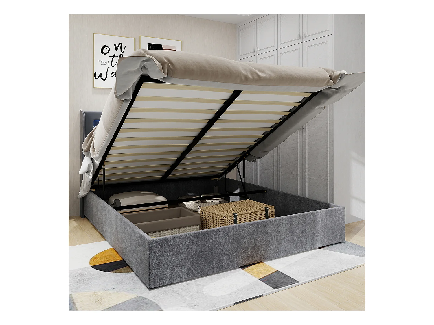 Lit coffre 160x200 cm avec éclairage LED, sommier à lattes en bois - velours gris (sans matelas)