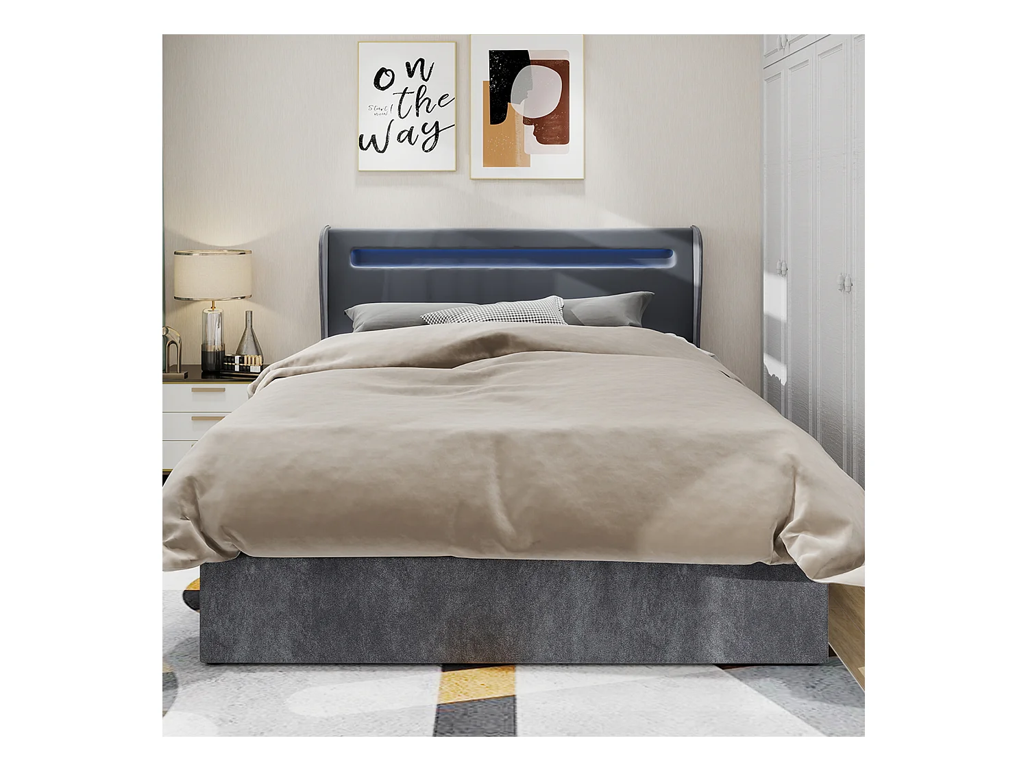 Lit coffre 160x200 cm avec éclairage LED, sommier à lattes en bois - velours gris (sans matelas)