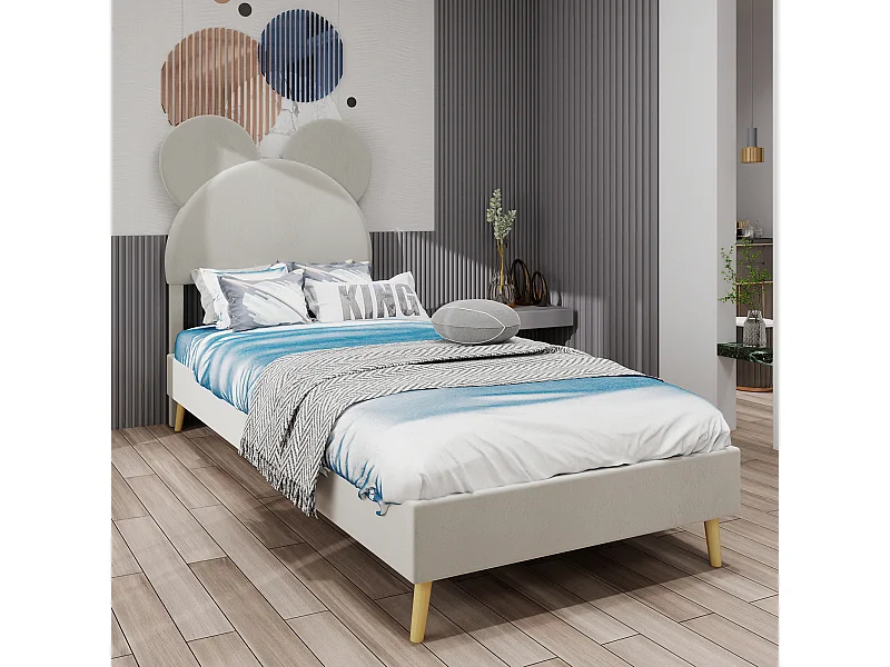 Kinderbed 140x200 cm met cartoon hoofdbord en lattenbodem - beige fluweel (zonder matras)