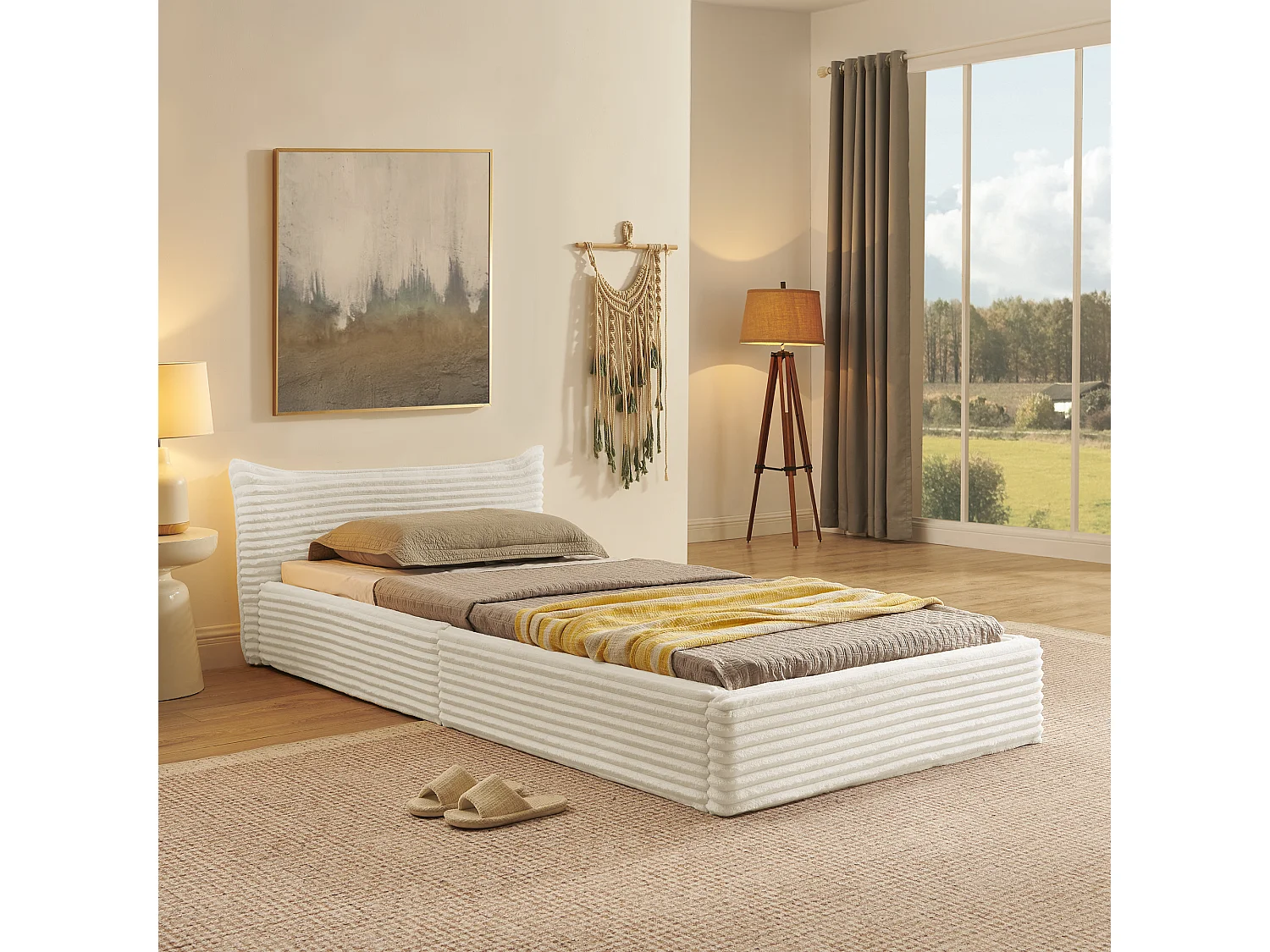 Kinderbett 90x200 cm, Einzelbett mit Kopfteil und Lattenrost, Chenille Beige - ohne Matratze
