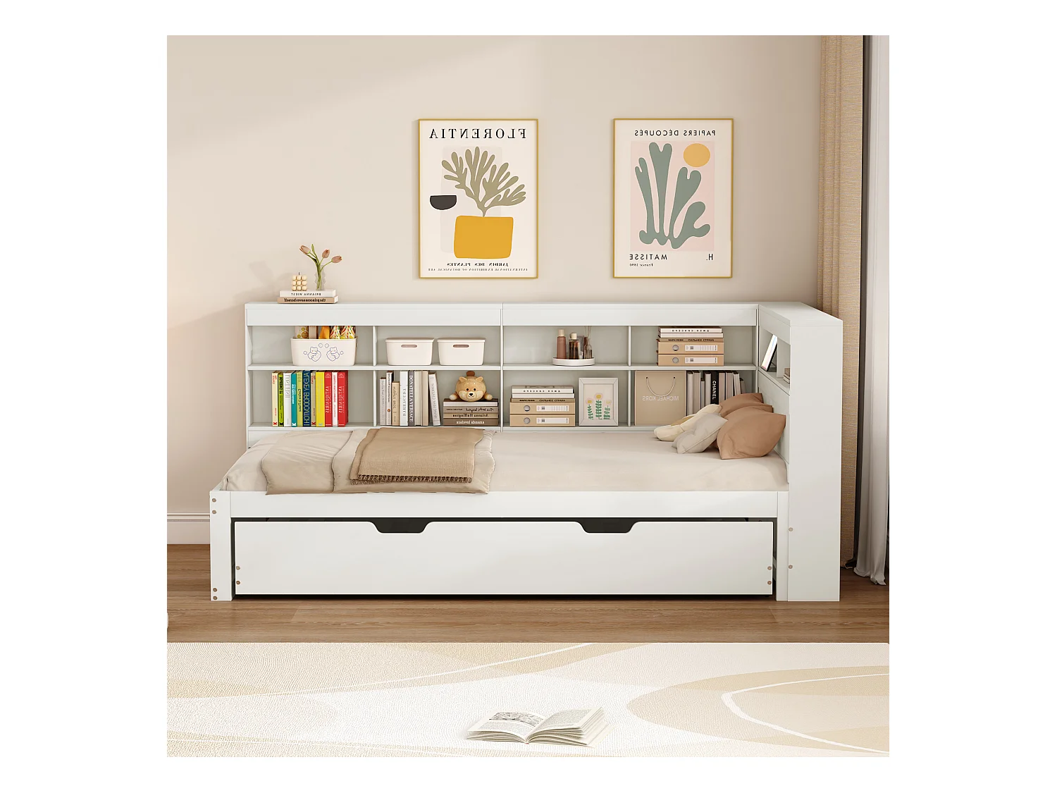Lit banquette 90x200 cm avec lit gigogne et étagère de rangement, port USB - blanc - sans matelas