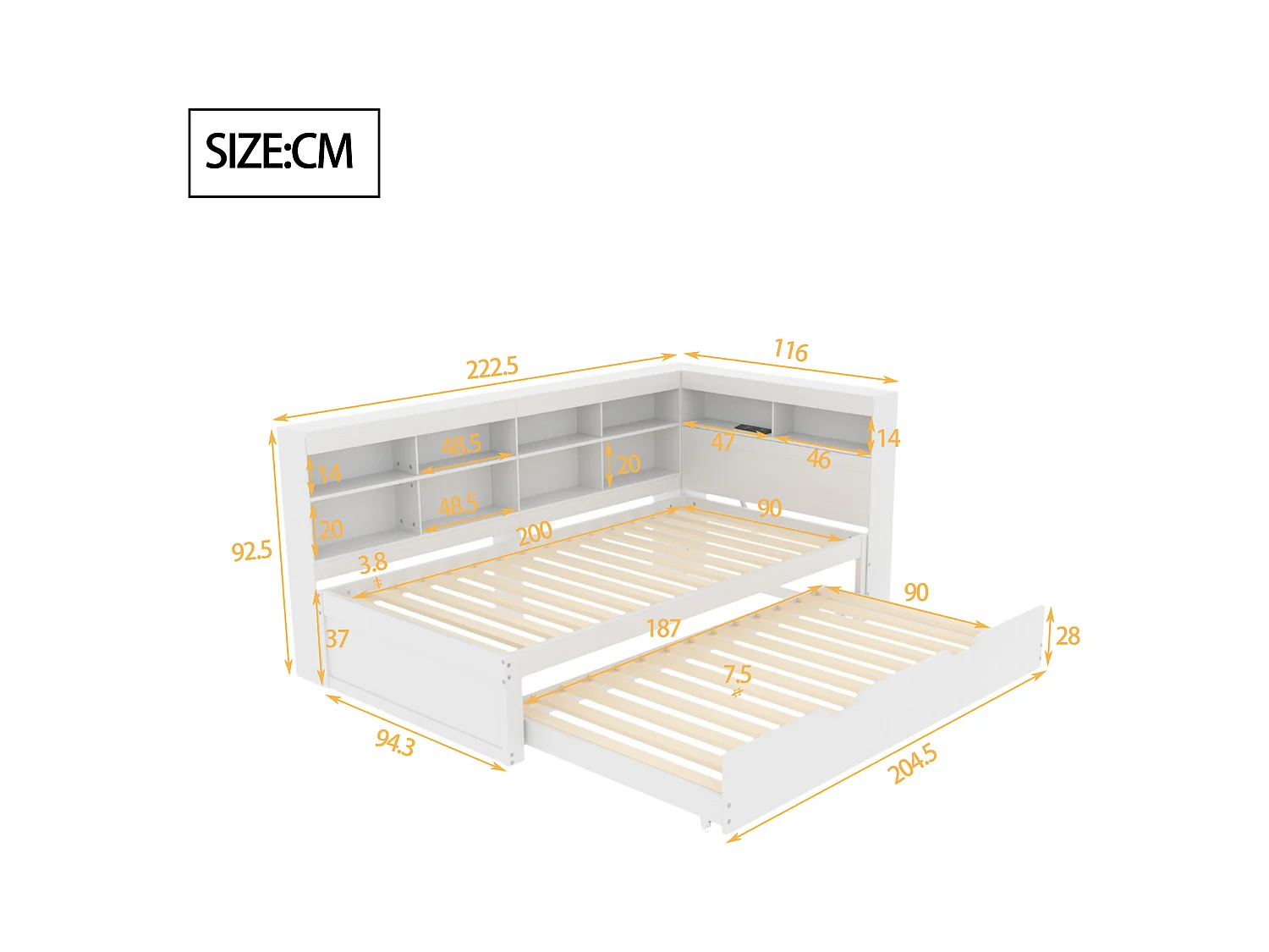 Lit banquette 90x200 cm avec lit gigogne et étagère de rangement, port USB - blanc - sans matelas
