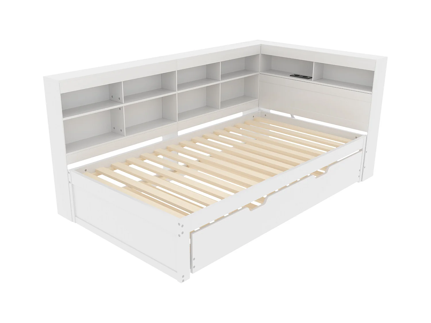 Lit banquette 90x200 cm avec lit gigogne et étagère de rangement, port USB - blanc - sans matelas