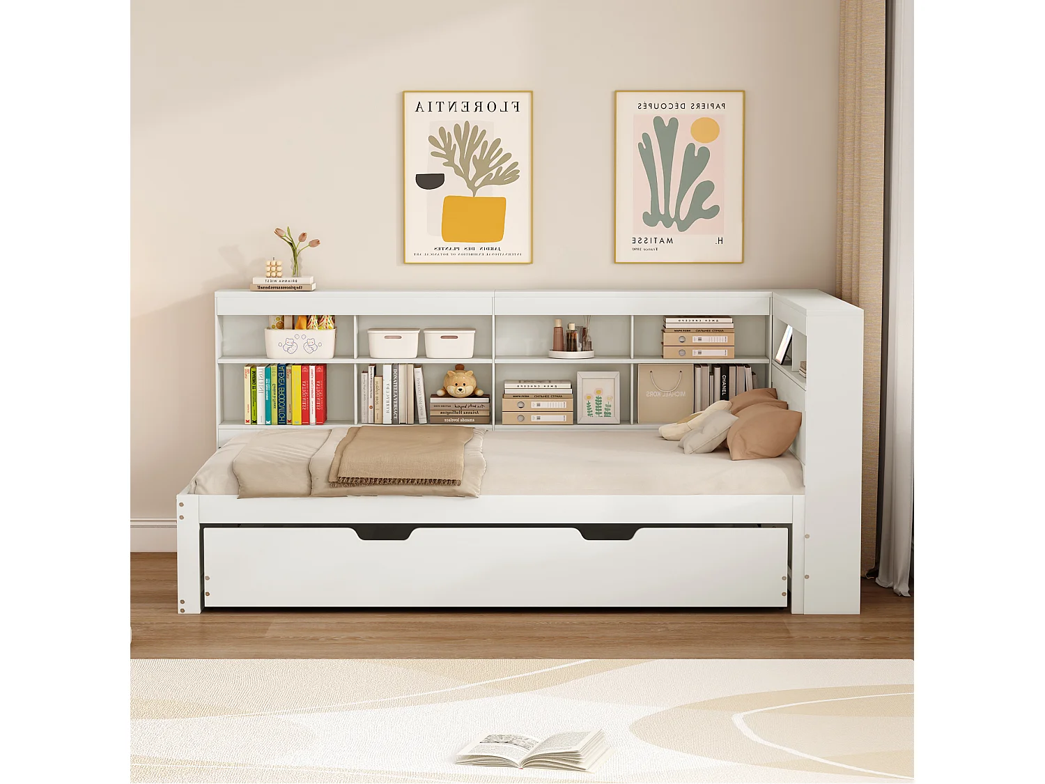 Lit banquette 90x200 cm avec lit gigogne et étagère de rangement, port USB - blanc - sans matelas