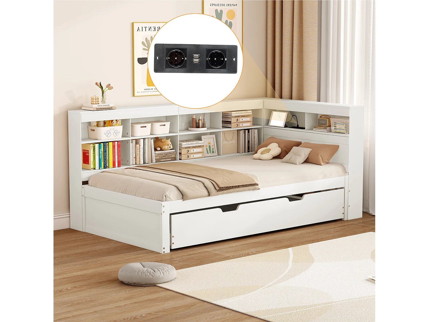 Lit banquette 90x200 cm avec lit gigogne et étagère de rangement, port USB - blanc - sans matelas