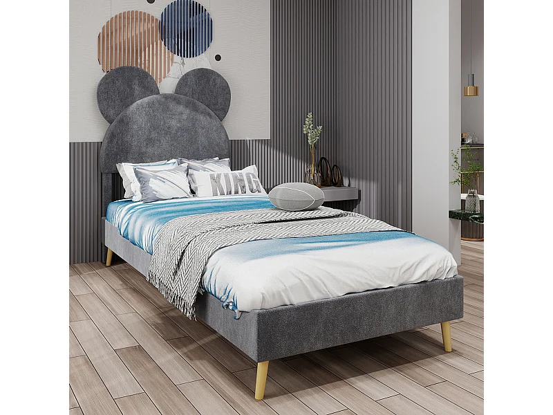 Lit enfant 140x200 cm avec tête de lit dessin animé et sommier à lattes - velours gris (sans matelas)