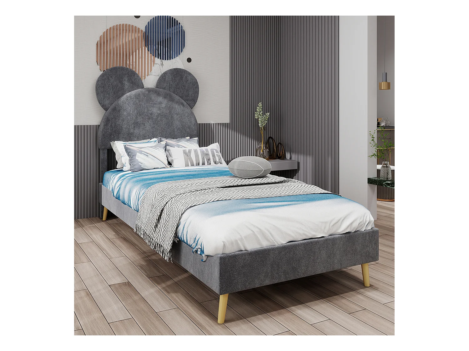 Lit enfant 140x200 cm avec tête de lit dessin animé et sommier à lattes - velours gris (sans matelas)