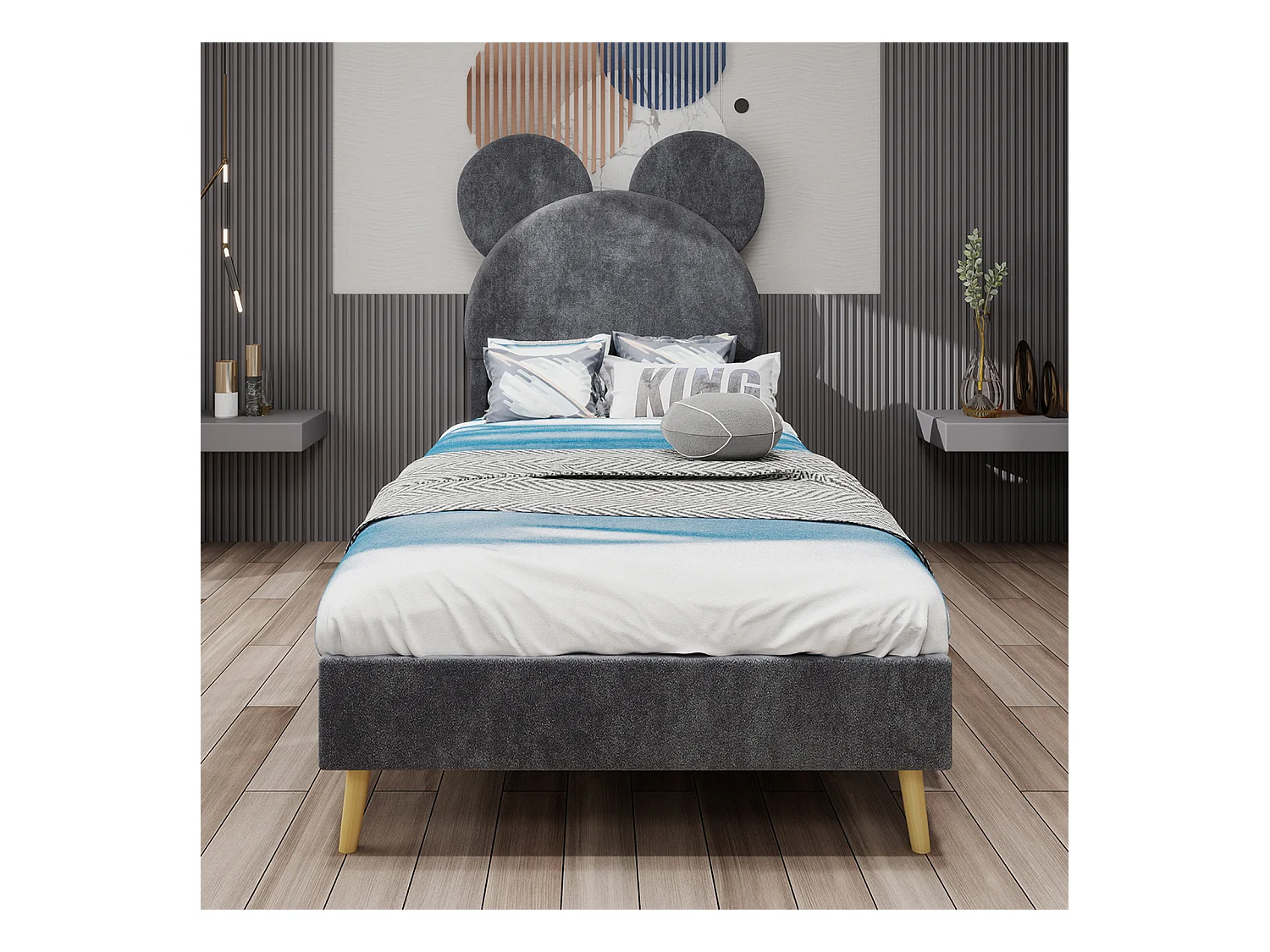 Lit enfant 140x200 cm avec tête de lit dessin animé et sommier à lattes - velours gris (sans matelas)