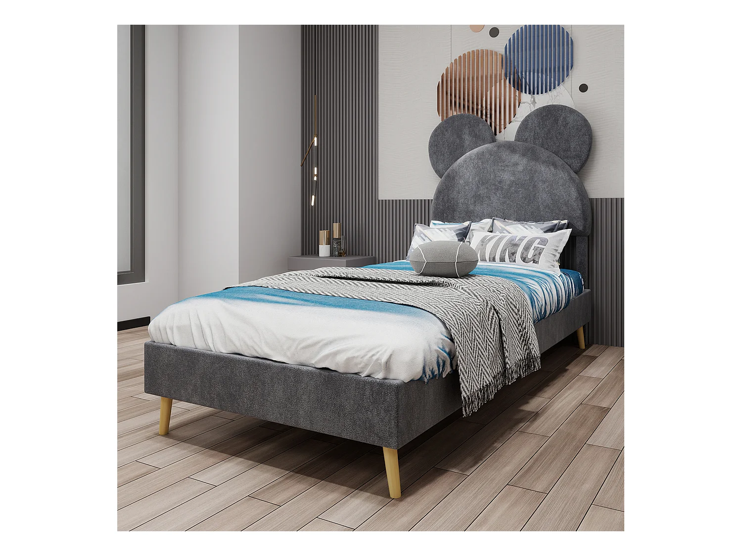 Lit enfant 140x200 cm avec tête de lit dessin animé et sommier à lattes - velours gris (sans matelas)