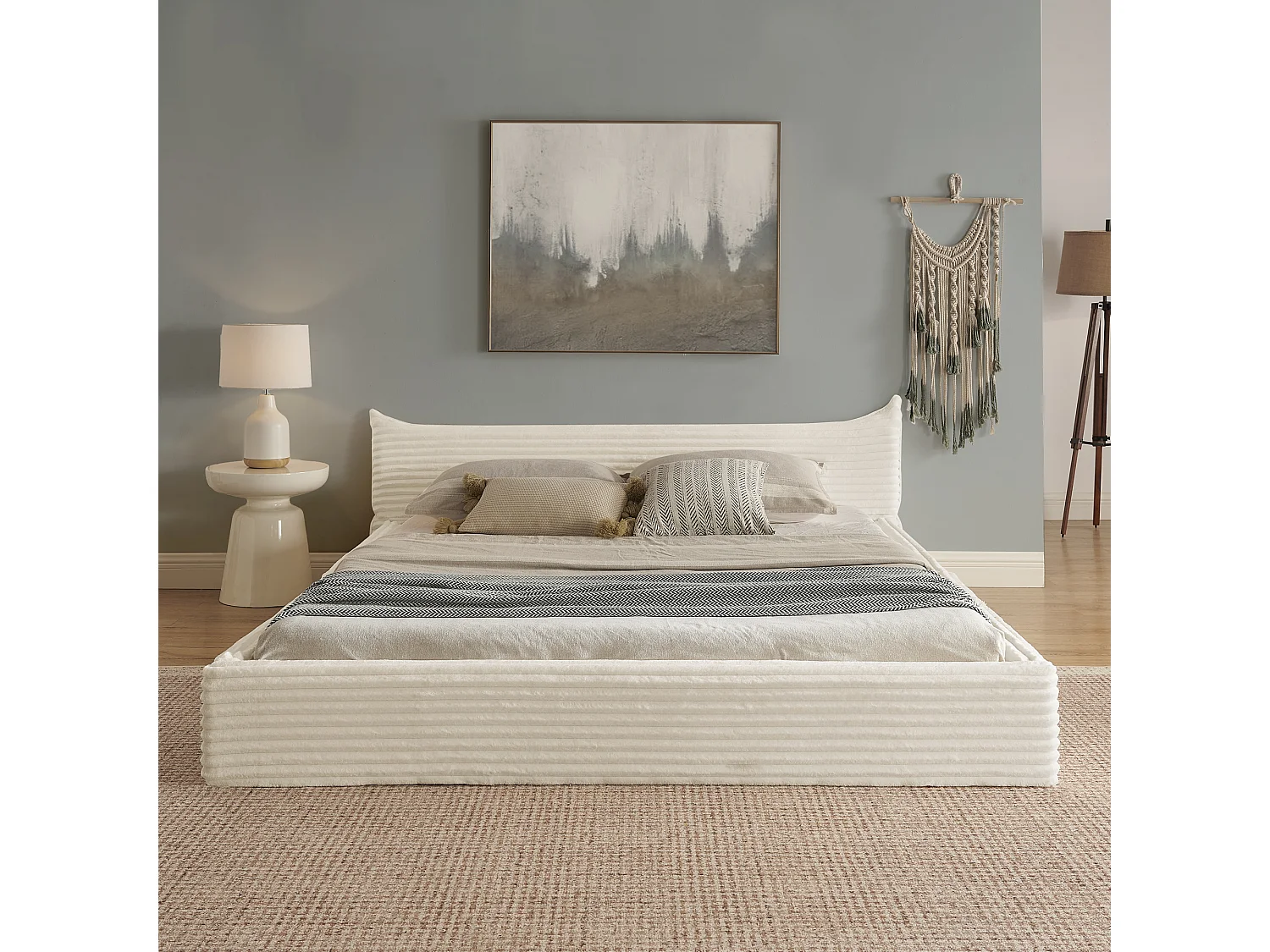 Doppelbett 140x200 cm mit Kopfteil und Lattenrost, Chenille Beige - ohne Matratze