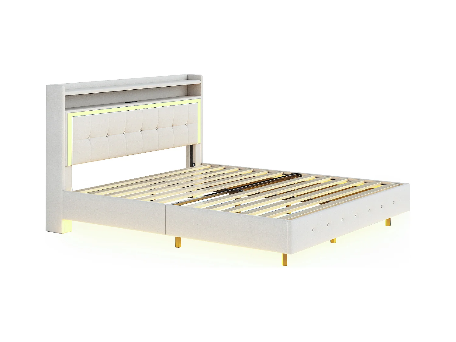 Lit adulte 160x200 cm Lit double avec LED et prise USB, tête de lit capitonnée - lin beige - sans matelas