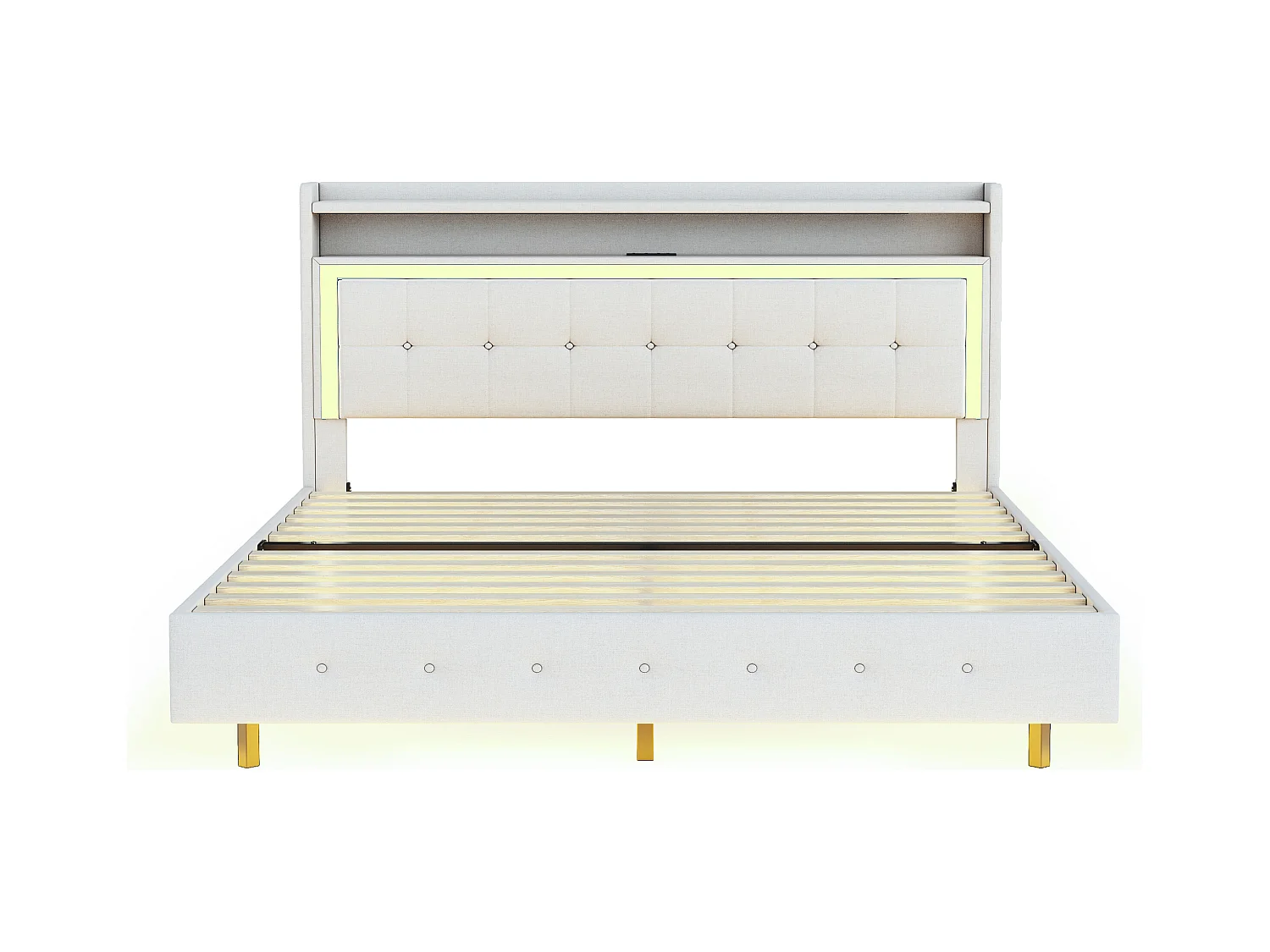 Lit adulte 160x200 cm Lit double avec LED et prise USB, tête de lit capitonnée - lin beige - sans matelas